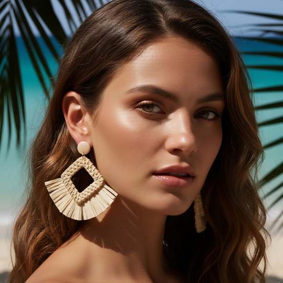 Boho Chic Raffia Statement Earrings | Handmade Beach Vibes Resortwear Jewelry - Picture 8 of 14